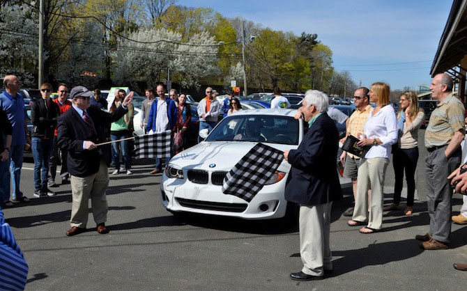 A BMW Active E car started the race at the Westport Train station.
