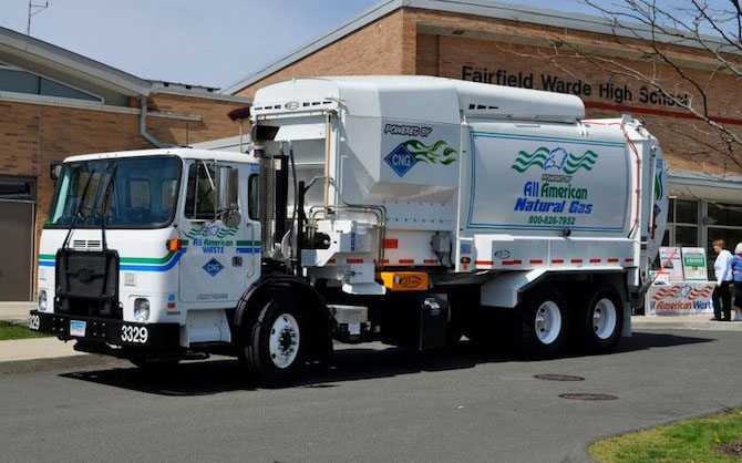A compressed natural gas (CNG) powered garbage truck.