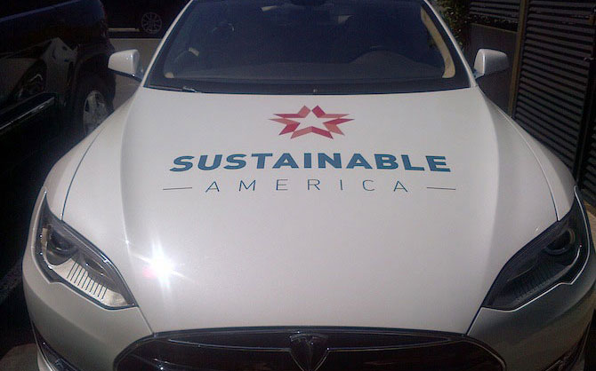 The Sustainable America Tesla is charged and ready for the rally.