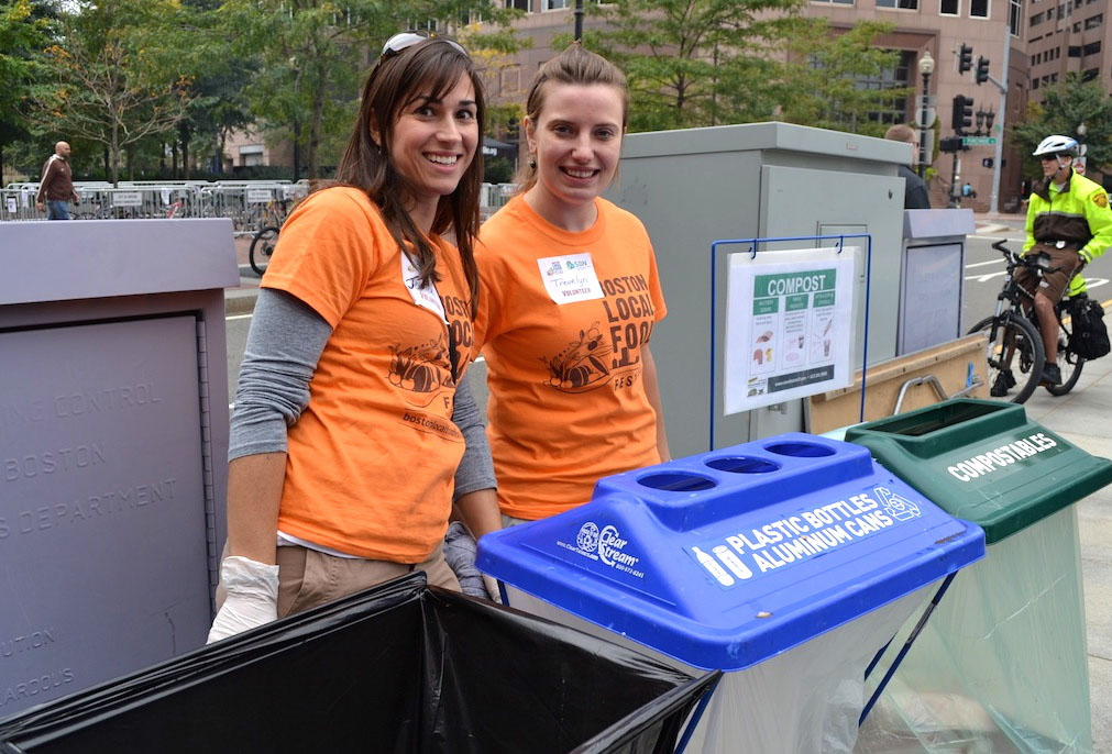Volunteers at a zero-waste station at the Boston Local Food Festival