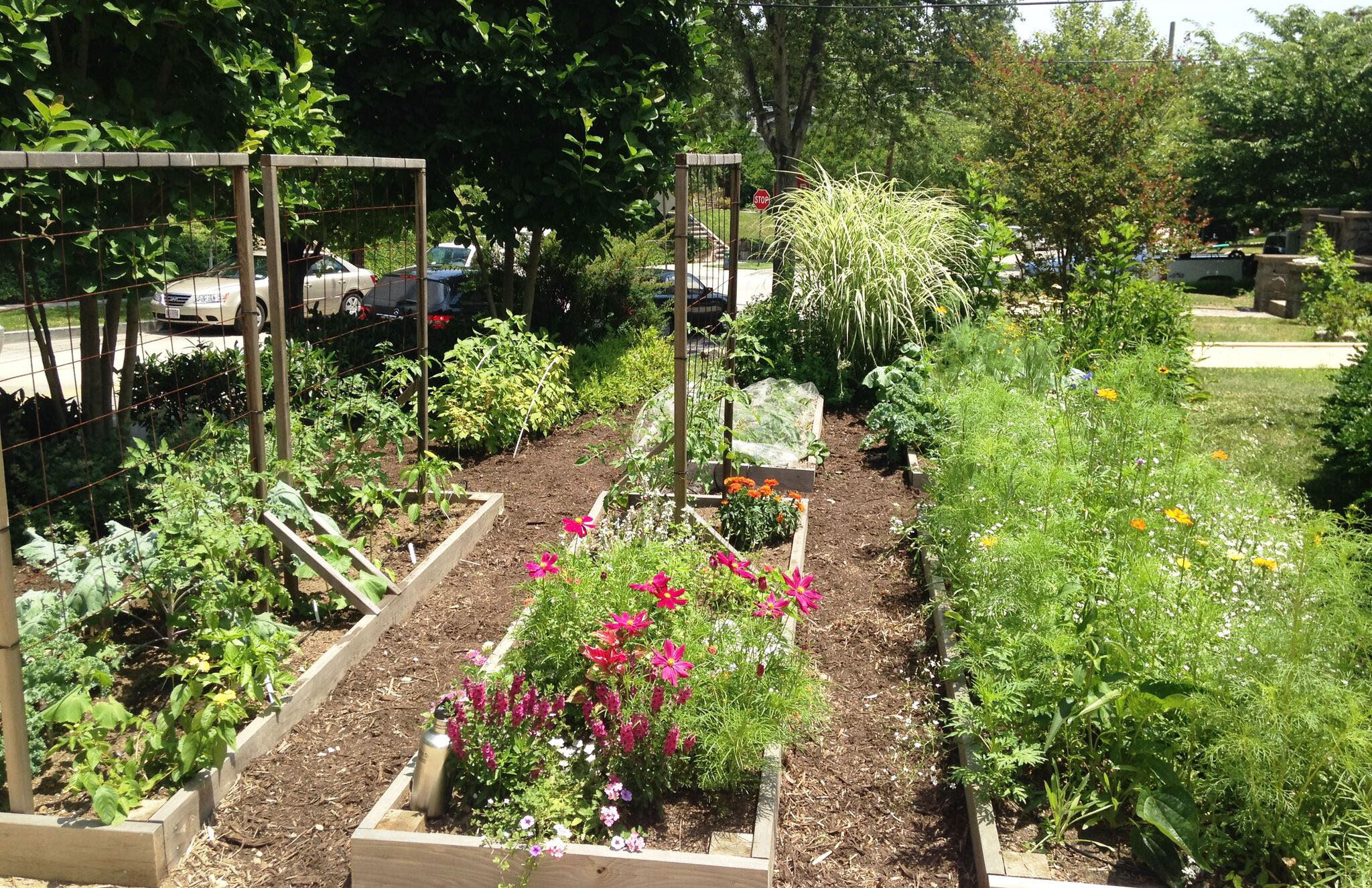 A front yard garden with flowers and trellises
