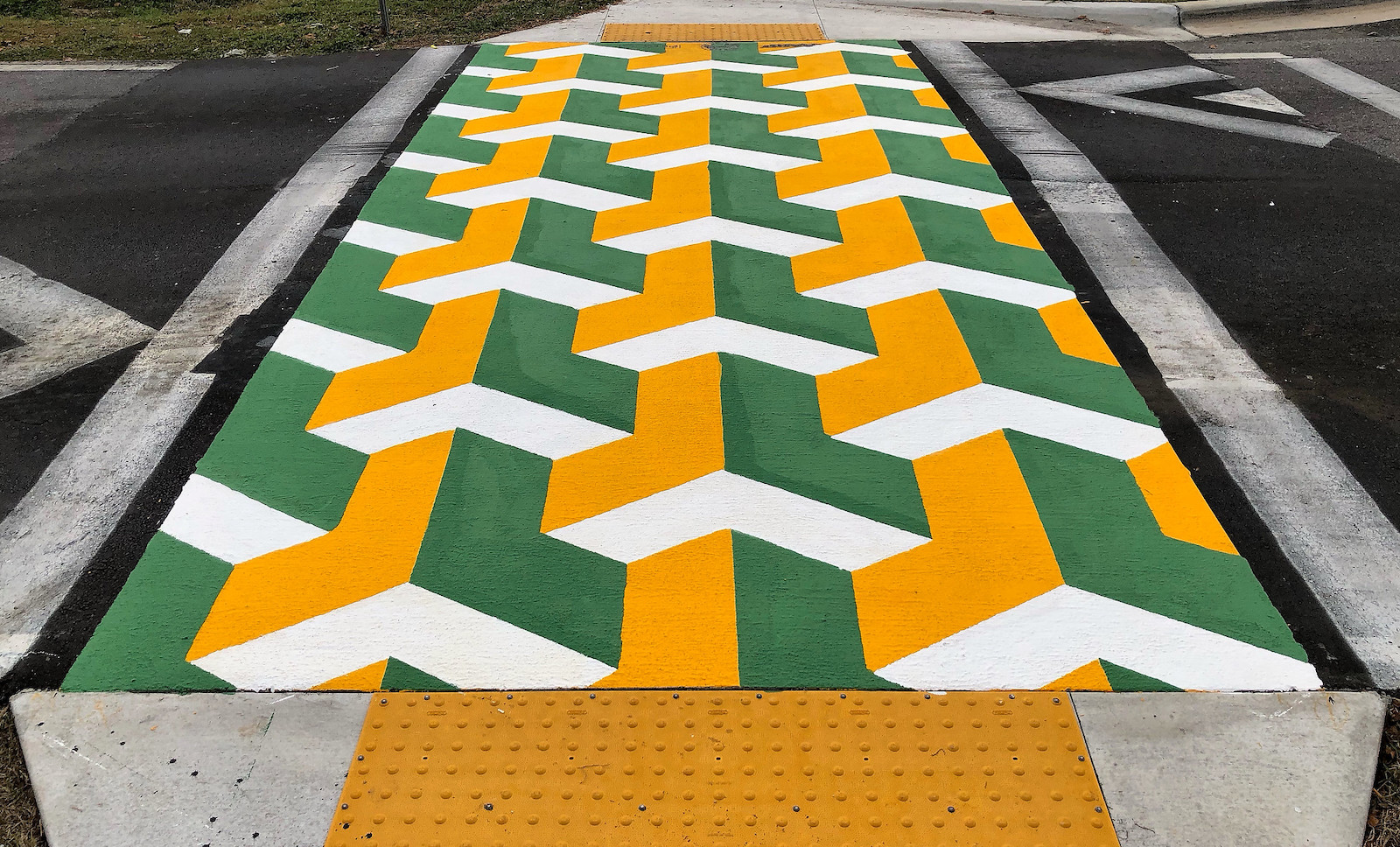 A raised crosswalk near a school is painted to attract drivers’ attention and encourage them to slow down in Tallahassee, Florida.
